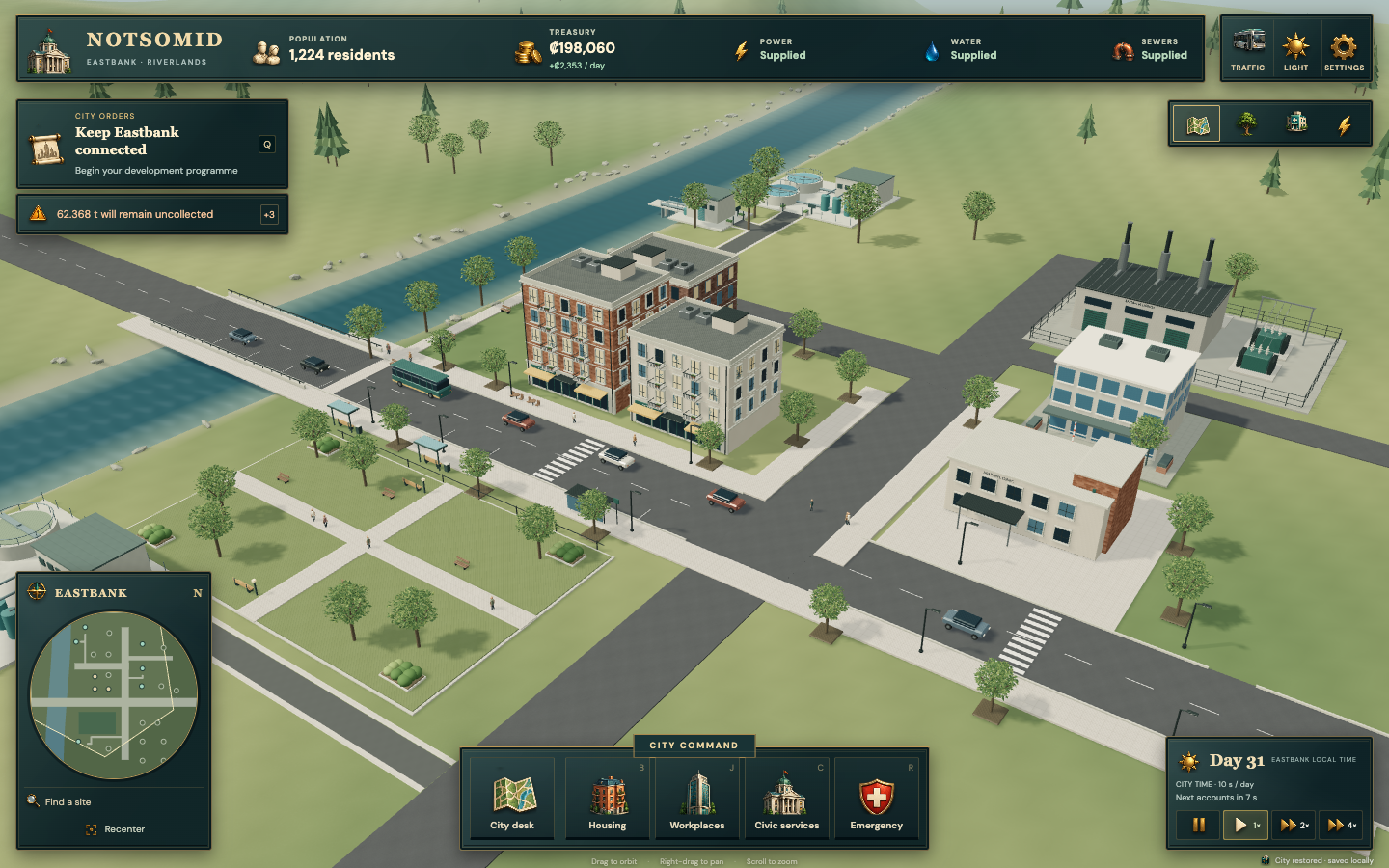Actual notsomid gameplay showing a riverfront neighbourhood, apartments, utility buildings and the city command HUD.